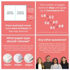 three different types of paper with numbers on them and two people standing next to each other