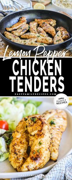 lemon pepper chicken tenders on a white plate with salad in the background and text overlay that reads lemon pepper chicken tenders