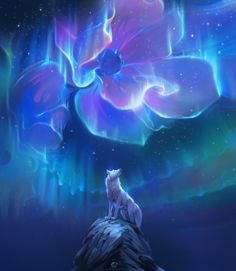 a wolf standing on top of a rock under a sky filled with aurora lights