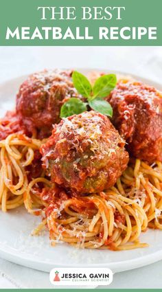 the best meatball recipe on a white plate