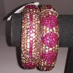 Not Included In Bogo Bangles With Crystals, Chamak By Priya Kakkar (Set Of 2) Nwt Gold And Pink Crystals, Geometric Pattern, Repeating Gold Bead Chain Accents Silver Base Metal 2.5" Diameter (6.5-7") .75" Wide See Pic 2 For Size All Measurements Appx. Since Handmade There Will Be Variations In Stone Settings, Overall Imperfections, Tarnish See My Other Listings To Mix And Match, Bundle And Save Smoke/Pet Free Home Pink Bangle Jewelry For Diwali, Bollywood Jeweled Bangle For Celebration, Pink Bollywood Bracelets For Celebration, Pink Bollywood Celebration Bracelets, Adjustable Jeweled Bangle For Festive Occasions, Festive Adjustable Jeweled Bangle, Traditional Bling Jewelry For Wedding, Diwali Party Bangle, Jeweled Bracelet Jewelry For Diwali