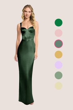 a woman in a long green dress with different colors on the side and an image of her