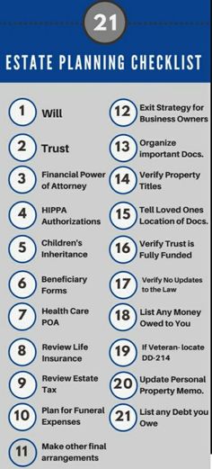 the estate planning checklist is shown in blue and white, with numbers on it