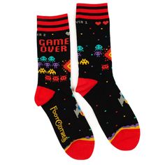 Step up your game with these retro game over 80s video game crew socks. crafted with comfort and style, these classic socks will have you ready for your next gaming session. 80s Video Games, Baby Goats, Sock Packs, Crew Sock, Funny Socks, Vintage Games, Novelty Socks, Calf Socks, Wide Calf