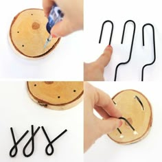 four pictures showing how to make a wooden slice with scissors and wire attached to it