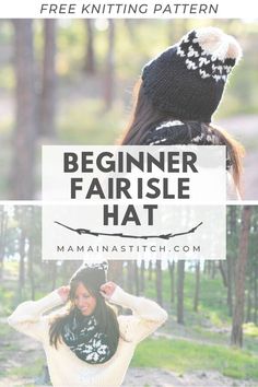 a woman wearing a knitted hat with text overlay that reads, beginner fairsie hat