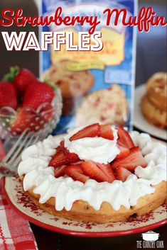 strawberry muffin mix waffles on a plate with strawberries in the background