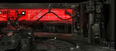 a sci - fi character is standing in front of a machine room with red lights