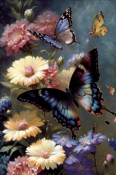 a painting of butterflies flying over flowers