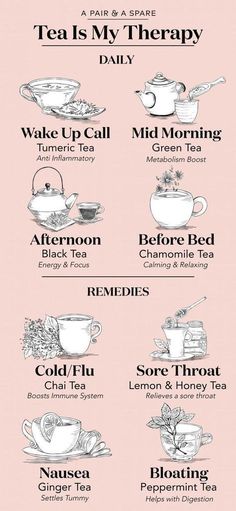 a menu for tea is shown in black and white on a pink background with the words'tea is my therapy daily '