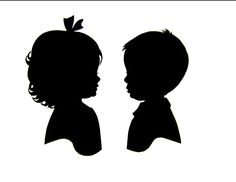 the silhouettes of two children facing each other, one with an apple on its head