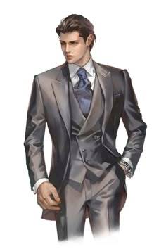 a drawing of a man in a suit with his hands in his pockets and wearing a watch