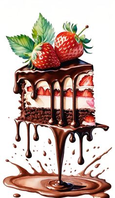 a piece of cake with chocolate and strawberries on top, dripping in the water