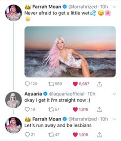 two tweets with the same image on them, one has pink hair and is wearing