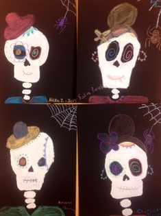 four different pictures of the same skeleton wearing a hat and holding a spider on his head