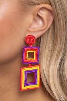 Rows of dainty red, yellow, and purple seed beads adorn the front of a layered square frame at the bottom of a matching rounded bead fitting, creating a blissfully beaded look. Earring attaches to a standard post fitting. Sold as one pair of post earrings. Multicolor Square Beaded Jewelry, Yellow Rectangular Beaded Jewelry, Vibrant Red Jewelry With Colorful Beads, Multicolor Rectangular Jewelry For Summer, Multicolor Beaded Rectangular Jewelry, Bohemian Square Multicolor Jewelry, Red Vibrant Summer Jewelry, Vibrant Red Beaded Earrings, Multicolor Rectangular Beaded Earrings As Gift