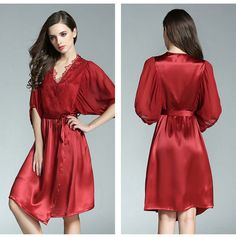 Ribbon Lace Silk Nightgown Robe Two - piece Set - SILKSER Silk V-neck Sleepwear For Wedding Night, Elegant Red Sleepwear For Loungewear, Elegant Red Sleepwear For Night, Elegant Red Sleepwear For Wedding Night, Red V-neck Summer Nightgown, Red V-neck Nightgown For Summer, Red Satin Dress For Loungewear, Summer V-neck Night Robe, Elegant Red V-neck Sleepwear