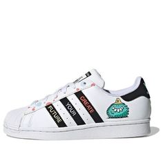 Kevin Lyons x Adidas originals Superstar J H03946 (SNKR/Skate/Light/Low Top) White Skate Shoes With Letter Print For Streetwear, White Low-top Skate Shoes With Letter Print, Sporty White Skate Shoes With Letter Print, Graphic Print Skate Shoes With Round Toe, White Sneakers With Letter Print For Spring, Trendy Adidas Sneakers With Logo, Trendy Adidas Streetwear Sneakers, White Skate Shoes With Letter Print For Sports, Low-top Graphic Print Skate Shoes For Sports