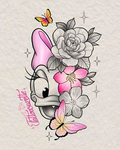 an image of a cartoon character with flowers and butterflies on the side of her face