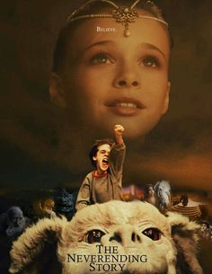 a movie poster for the never ending story with an image of a child holding up a rabbit