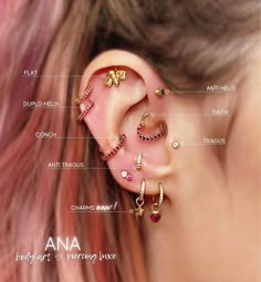 an ear with different types of piercings and names on it's side, including the