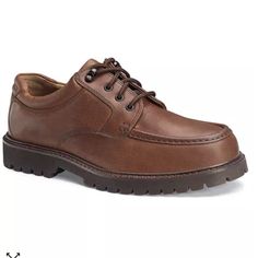 Brand New In Box Mens Brown Leather Oxfords By Dockers Brown, Lace Up Oil Resistant Thick Soles Sz 10 Brown Low-top Lace-up Shoes For Business Casual, Brown Moc Toe Lace-up Shoes With Leather Footbed, Brown Moc Toe Lace-up Shoes For Business Casual, Masculine Brown Lace-up Oxfords, Brown Lace-up Shoes For Business Casual, Brown Leather Shoes For Business Casual, Brown Low-top Dress Shoes For Work, Rugged Brown Oxfords With Round Toe, Brown Lace-up Shoes With Goodyear Welt For Business Casual