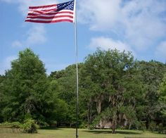 an american flag flying in the wind on a sunny day with trees and blue sky