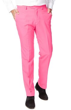 Formal style doesn't have to be rigid and boring. Thankfully, with this bright pink two-piece suit, OppoSuit goes against the grain with fun, bold personality. Tailored for a modern fit, it includes a two-button suit jacket and trousers cleanly styled with tonal buttons and stitching, as well as a matching tie to pull the whole outfit together. Jacket has a two-button closure; notch lapels; nonfunctional four-button cuffs; chest pocket; front flap pockets; side vents. Trousers have a zip fly wit Pink Suit Men, Bold Personality, Pink Two Piece, Against The Grain, Pink Suit, Pink Men, Trim Fit, Pink Trim, Formal Style