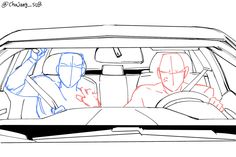 a drawing of the interior of a car with three people sitting in front of it