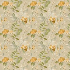 a floral wallpaper with yellow flowers and green leaves on a light brown background,