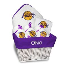 Personalized Los Angeles Lakers Medium Basket - 6 Items - Designs by Chad & Jake Los Angeles Lakers Logo, Lakers Logo, Personalized Burp Cloth, Willow Basket, White Willow, Basketball Star, Baby Gift Basket, Gifts For New Parents, Hooded Towel