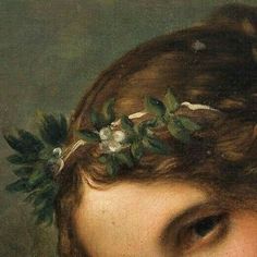 a painting of a woman with flowers in her hair, wearing a flowered headpiece