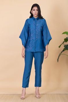 Shop for Chambray and Co. Blue All Weather Pure Silk Jade Flower Embroidered Shirt And Pant Set for Women Online at Aza Fashions Silk Coord Sets For Women, Indigo Photoshoot, Cotton Tops Designs, Jade Flower, Simple Kurti, Motif Embroidery, Simple Kurti Designs, Salwar Designs, Outfits Woman