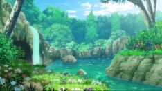 a painting of a waterfall in the middle of a lush green forest with flowers and rocks