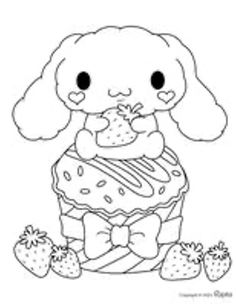 a coloring page with a dog holding a cupcake and strawberries