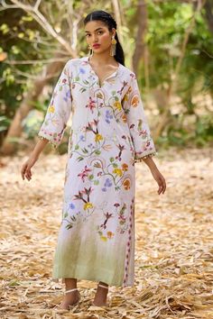 Fawn straight kaftan with floral print and shell bead tassel hand embroidery. - Aza Fashions Traditional Beach Sets For Spring, Traditional Spring Beach Sets, Traditional Spring Kurta With Tassels, Spring Traditional Kurta With Tassels, Bohemian Floral Print Kurta For Eid, Floral Print Kurta For Summer, Designer Floral Print Kurta For Summer, Designer Floral Print Summer Kurta, Summer Floral Print Kurta