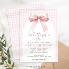 a pink and white gingham bow birthday party card