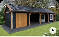 a black and brown garage with two doors on the front, and one door open