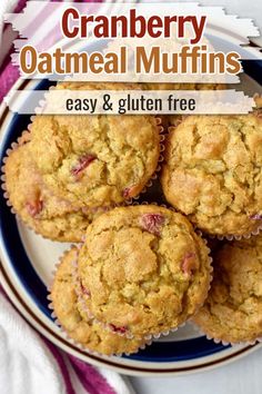 cranberry oatmeal muffins on a plate with text overlay