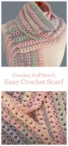 the crochet puff stitch easy crochet scarf is shown in two different colors