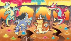 three cartoon characters are playing with each other in front of an orange and blue background