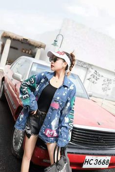 Fashion Women Denim Jacket Punk Style Autumn New Tide Brand Skull Stick Cloth Sequin Skull Clown, Women Denim Jacket, 90s Fashion Men, Egirl Outfits, Harajuku Outfits, Y2k Aesthetic Outfits, Punk Style, Urban Wear, Outfit Combinations