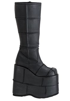 The Stack 301 is a 7 inch platform patched black Pu knee high boot with a full inner zipper by Demonia.Price: $104.95 Demonia Stack 301, Big Platform Boots, Platform Boots Men, Thick Shoes, Demonia Boots, Unique Boots, Black Platform Boots, Design Stand, Mens Designer Fashion