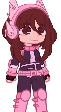 an anime character with pink and black clothes, holding a pair of headphones in her hand