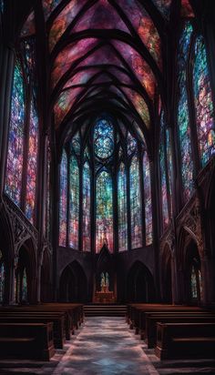 the inside of a church with stained glass windows