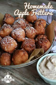 homemade apple fritters in a bowl with dip