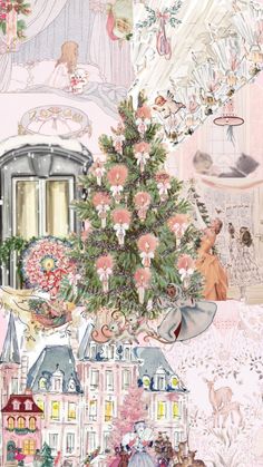 a christmas tree is surrounded by pink and white wallpaper, with an image of a doll house in the background