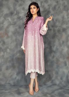 Lavender pure cotton net shaded shirt handworked with sequins and beads all over. Comes with matching pure viscose silk pants Net Pants, Organza Outfit, Lavender Ombre, Ombre Shirt, Ombre Dress, Silk Pants, Yellow Fabric, White Silk, Embroidered Silk