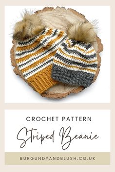 the crochet pattern for striped beanie is shown on top of a log