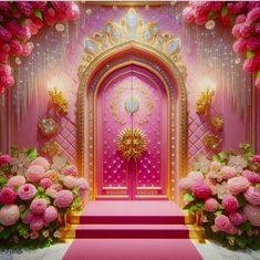 a pink and gold decorated entrance to a fancy room with flowers in the foreground